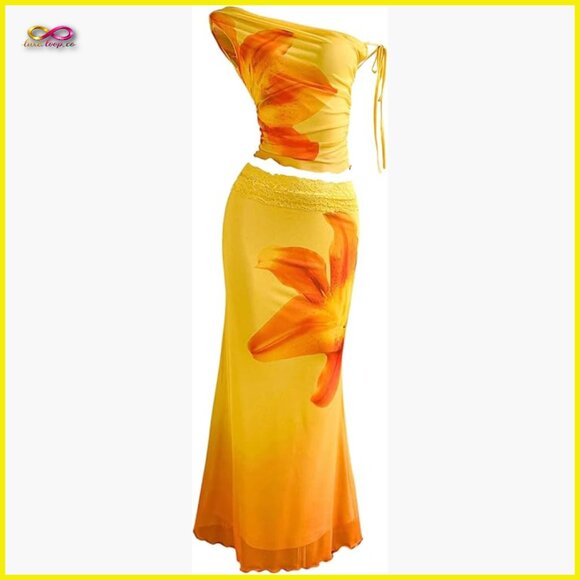 Floral Mesh Ruched One Shoulder Crop Top and Maxi Skirt Set Y2K Chic